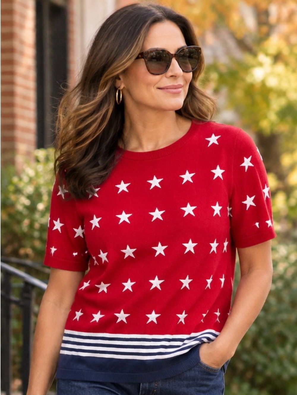 Talbots red top with star print knit top